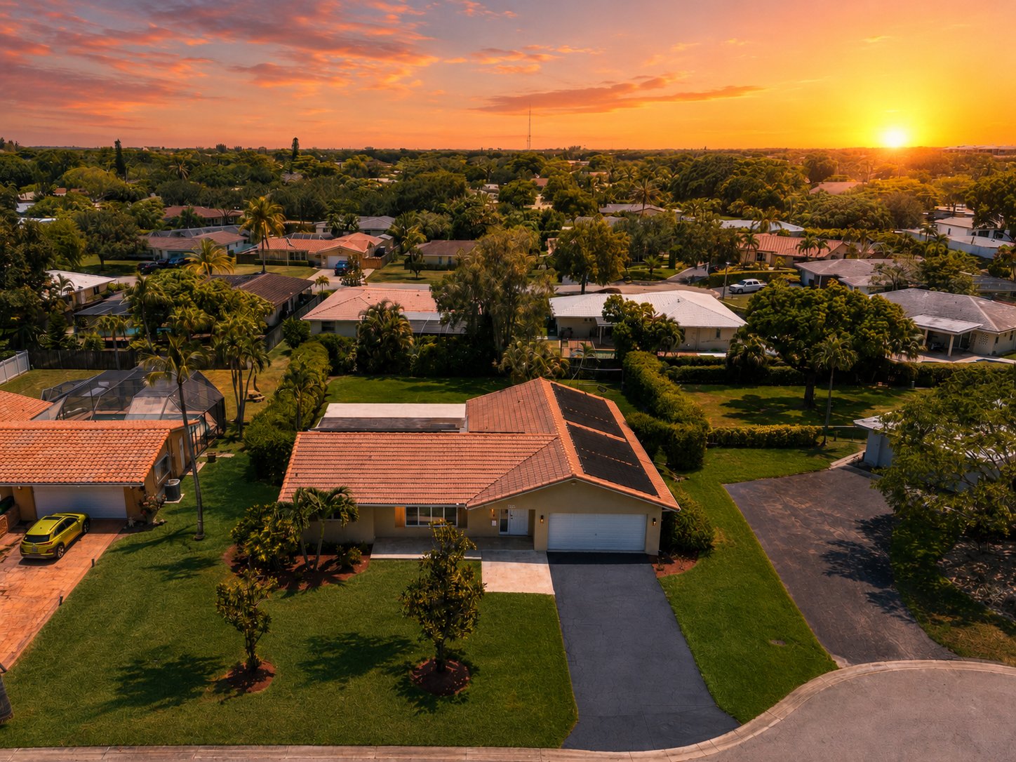Aerial twilight view of the home and pool
