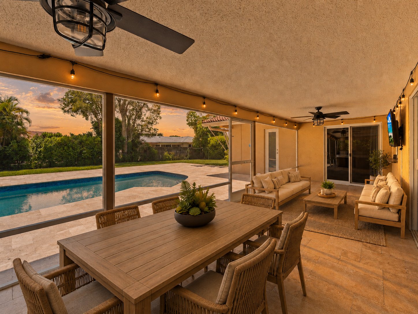 Covered patio at sunset