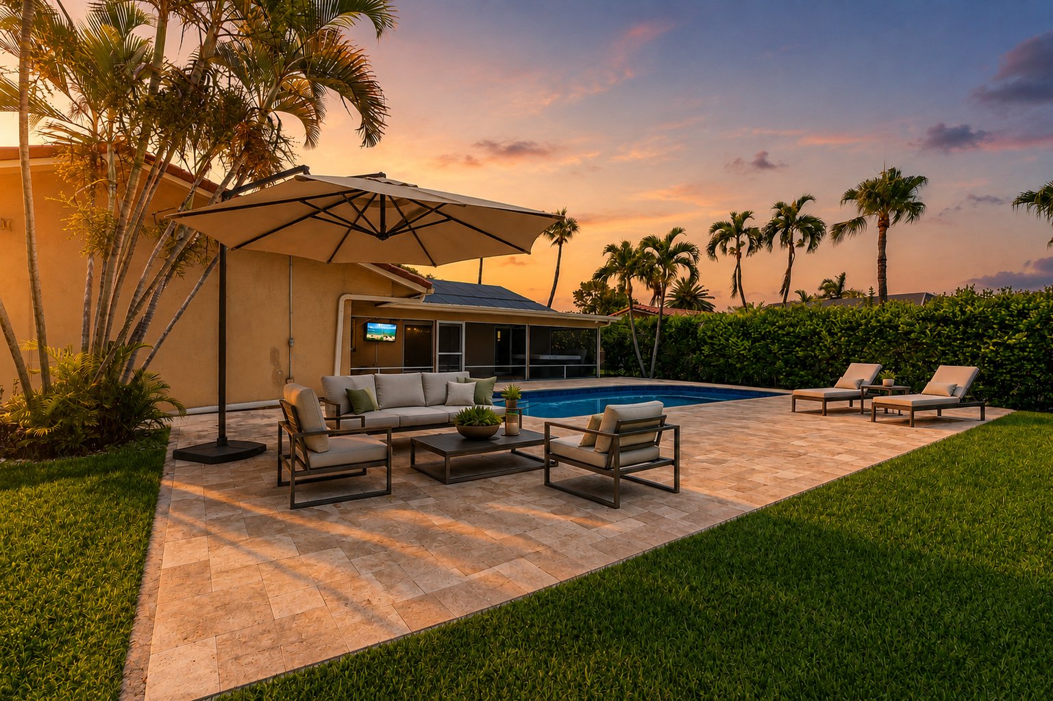 Backyard and pool at sunset